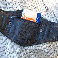 Women's Brown Leather Corset Wrist Wallet Cuff For Cards with Secret Pocket - Locks and Keys