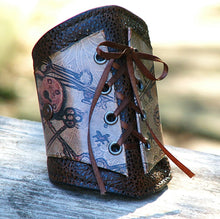 Women's Brown Leather Corset Wrist Wallet Cuff For Cards with Secret Pocket - Locks and Keys