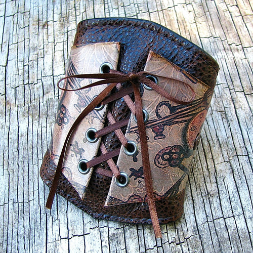 Women's Brown Leather Corset Wrist Wallet Cuff For Cards with Secret Pocket - Locks and Keys