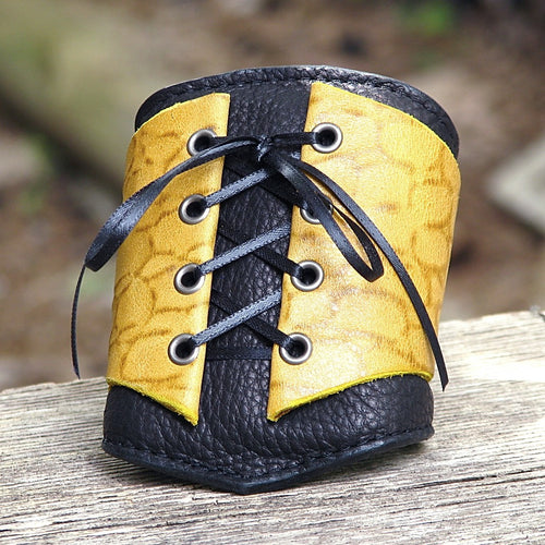 Women's Yellow Leather Corset Wrist Wallet Cuff for Cards with Secret Pocket
