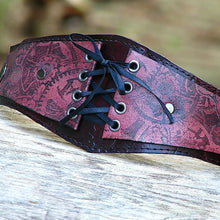 Womens Mahogany Leather Corset Wrist Wallet Cuff with Secret Pocket - Steampunk Gears
