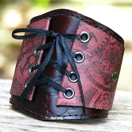 Womens Mahogany Leather Corset Wrist Wallet Cuff with Secret Pocket - Steampunk Gears