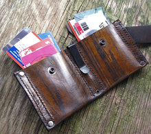 Men's Leather MonLeather Money Clip Bifold Wallet - Hand Stitched - Wood Grain Brown - MADE to ORDER