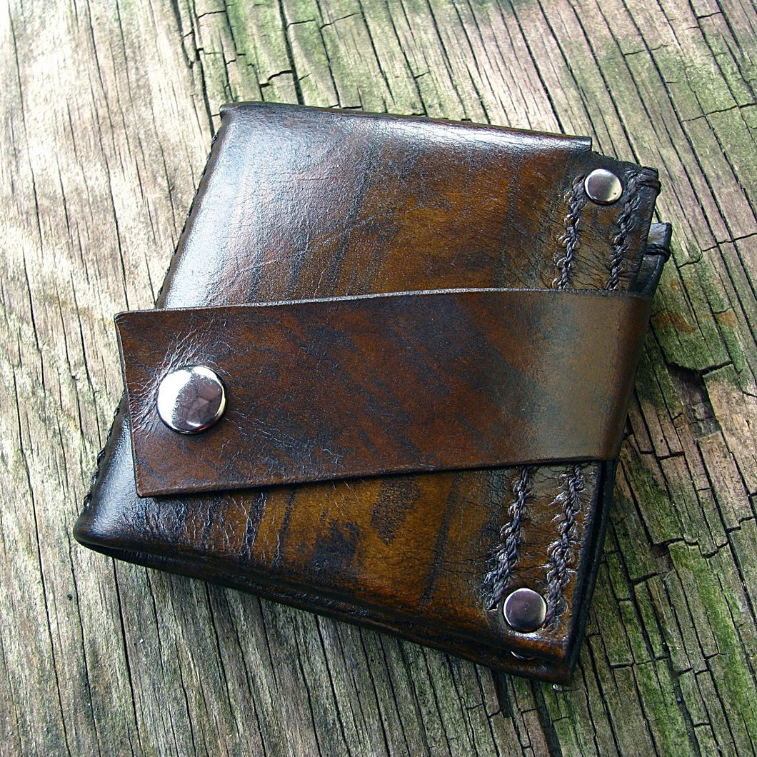 Men's Leather MonLeather Money Clip Bifold Wallet - Hand Stitched - Wood Grain Brown - MADE to ORDER