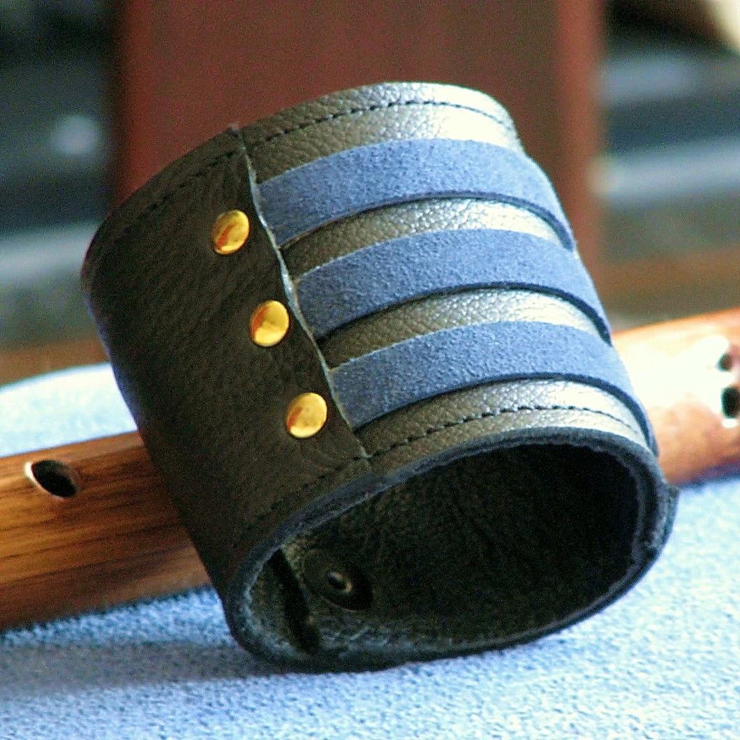 Unisex Blue Leather Wrist Wallet Cuff, Wristband Bracelet with Secret Pocket - Militant Band Leader