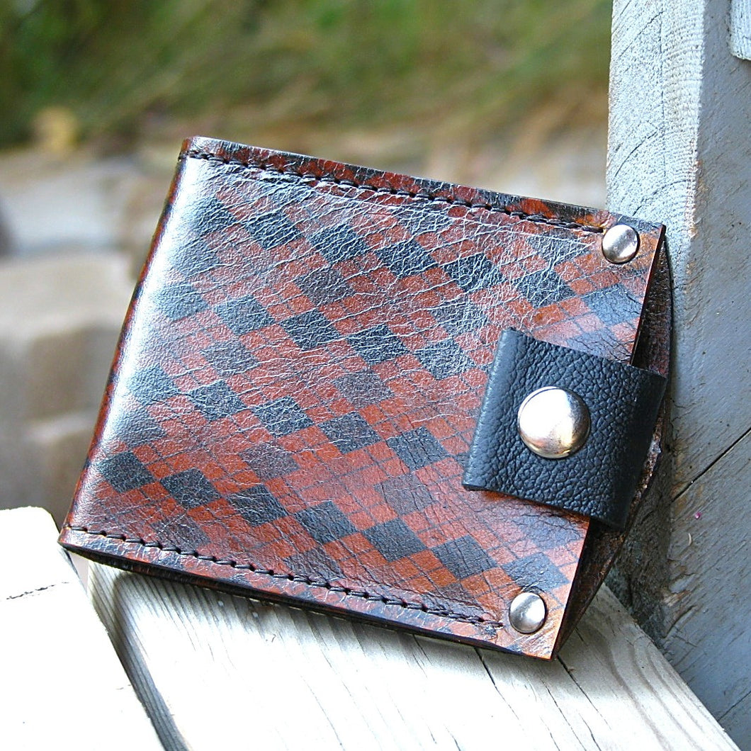 Mans Brown Leather billfold, bifold, Money Clip Snap Wallet - Argyle Print - Slim, Minimalist Argyle