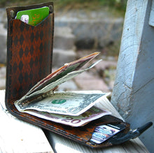 Mans Brown Leather billfold, bifold, Money Clip Snap Wallet - Argyle Print - Slim, Minimalist Argyle