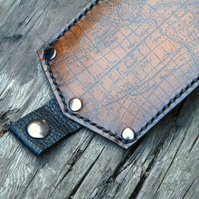 Men's Hand Stiched Brown Leather Snap Wallet - Bifold Money Clip - Map Print - MADE to ORDER