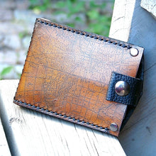 Men's Hand Stiched Brown Leather Snap Wallet - Bifold Money Clip - Map Print - MADE to ORDER