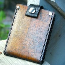 Men's Hand Stiched Brown Leather Snap Wallet - Bifold Money Clip - Map Print - MADE to ORDER