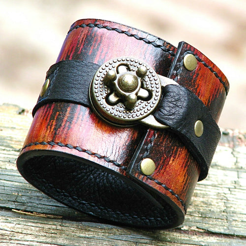 Steampunk Ikat Leather Wrist Wallet Bracelet Cuff for Men & Women that travel - Made to Order