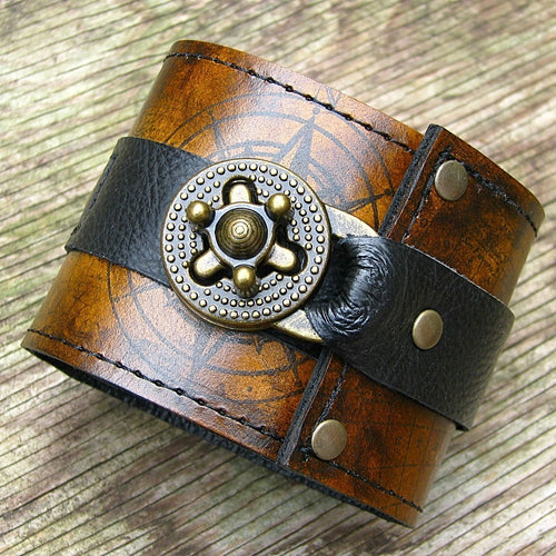 Steampunk Brown Leather Wrist Wallet Bracelet Cuff for Men & Women that travel - World Map Traveler