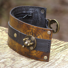 Steampunk Brown Leather Wrist Wallet Bracelet Cuff for Men & Women that travel - World Map Traveler