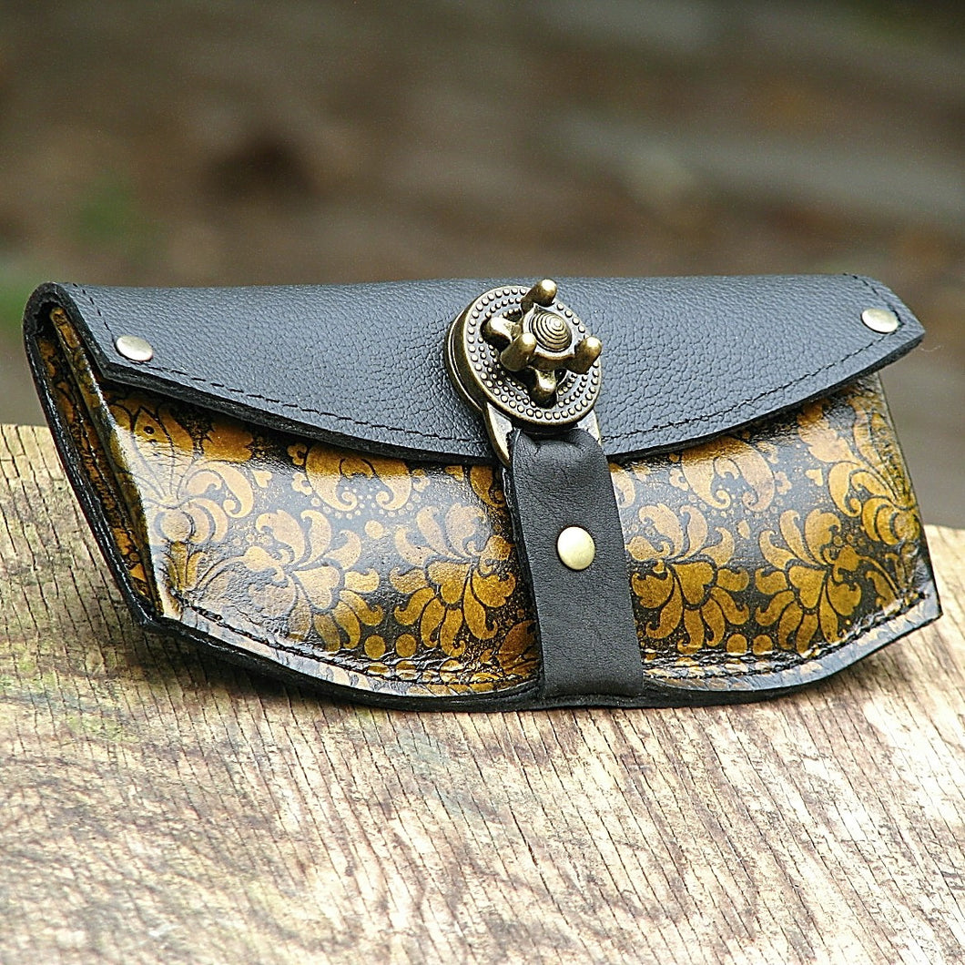 Women's Yellow Leather Wallet Purse - Baroque Steampunk with Antique Brass Hardware - Made To Order