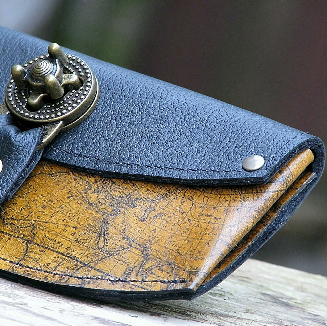 Women's Leather Wallet - World Map Steampunk with Antique Brass Hardware - Made To Order