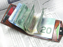 Men's Brown Leather Bifold Money Clip Snap Wallet Portefeuille - Minimalist Stocks & Bonds Print