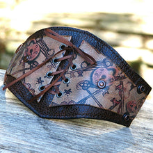 Women's Brown Leather Corset Wrist Wallet Cuff For Cards with Secret Pocket - Locks and Keys