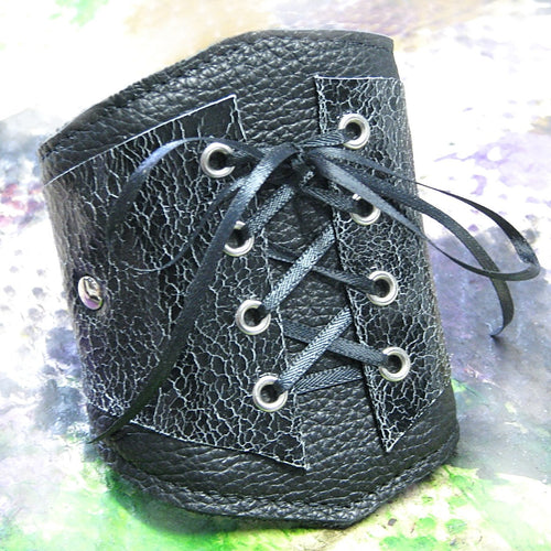 Women's Black Leather Corset Wrist Wallet Cuff For Cards with Secret Pocket - MADE to ORDER