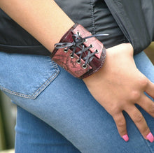 Womens Mahogany Leather Corset Wrist Wallet Cuff with Secret Pocket - Steampunk Gears