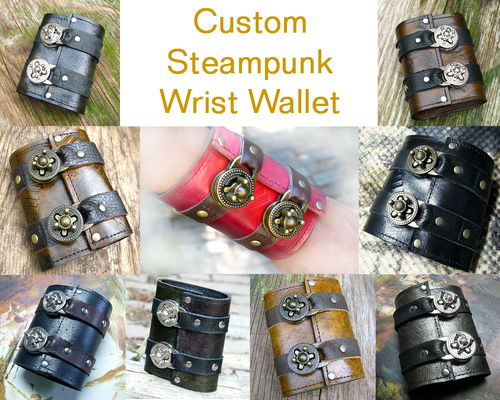 Unisex Leather Steampunk Wrist Wallet Cuff for Men, Women, Bikers or Travelers - Made To Order