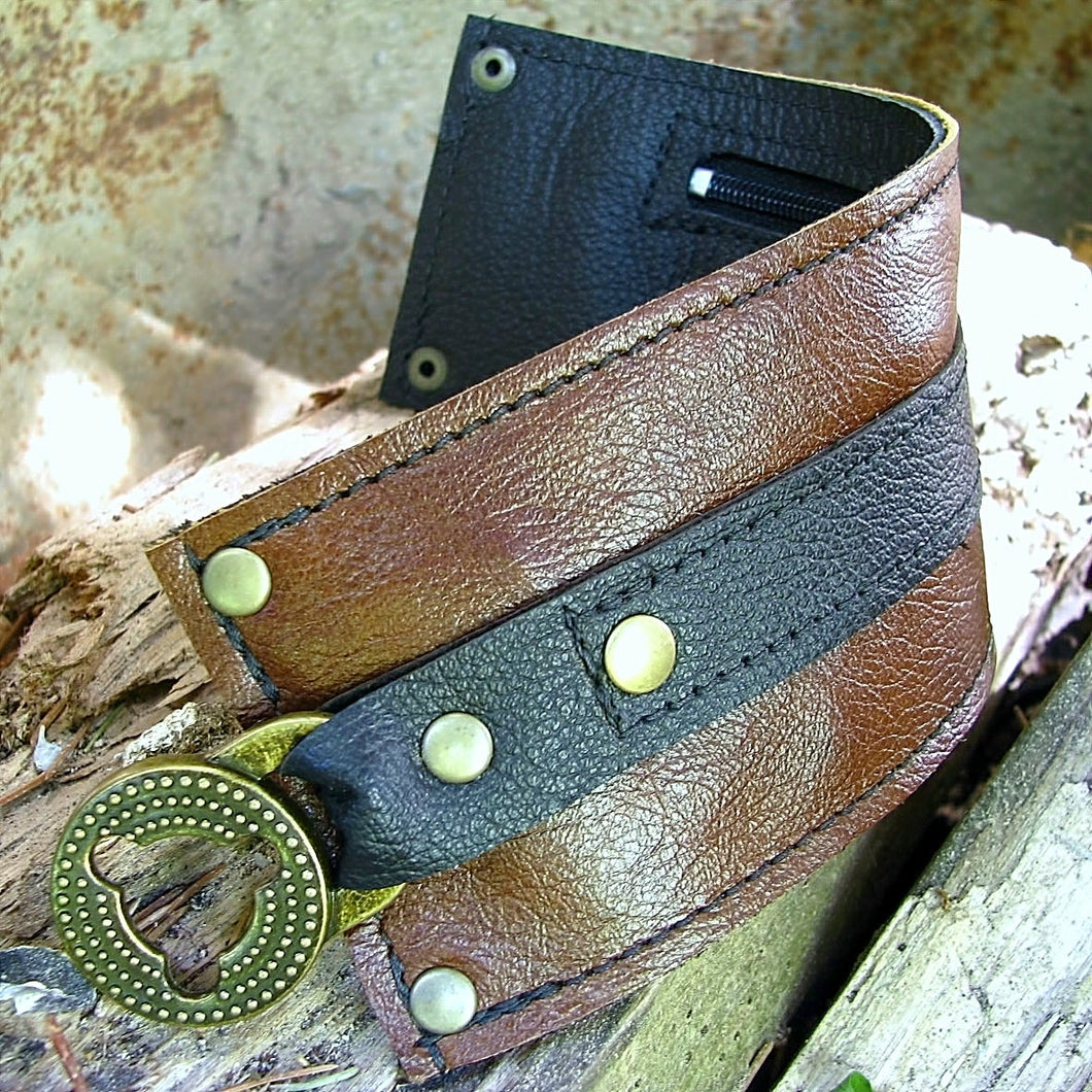 Womens Steampunk Brown Leather Wrist Wallet Cuff with Secret