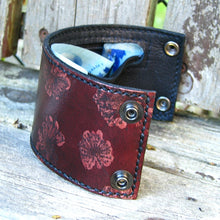 Women's Leather Wrist Wallet Bracelet Cuff with Secret Pocket, Dandelion Print - Made To Order