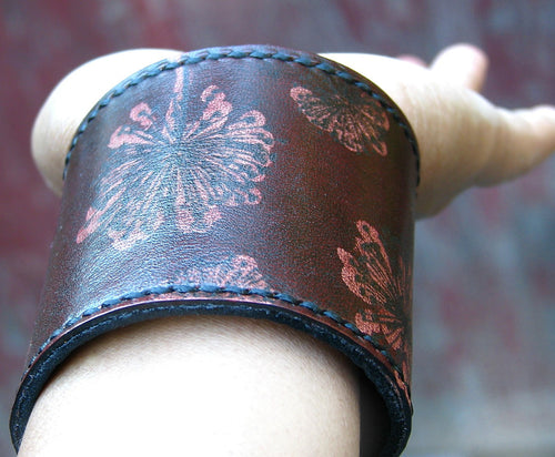 Women's Leather Wrist Wallet Bracelet Cuff with Secret Pocket, Dandelion Print - Made To Order