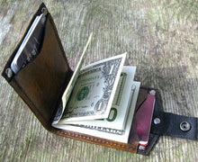 Men's Hand Stiched Brown Leather Snap Wallet - Bifold Money Clip - Map Print - MADE to ORDER