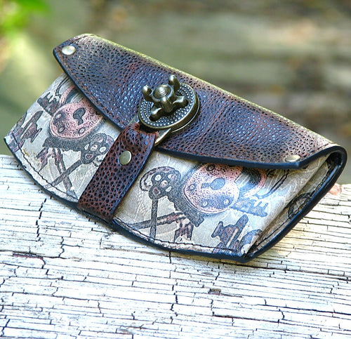 Womens Brown Leather Steampunk Wallet with Lock and Key Print - Made To Order