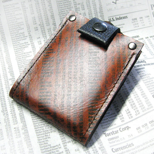 Men's Brown Leather Bifold Money Clip Snap Wallet Portefeuille - Minimalist Stocks & Bonds Print